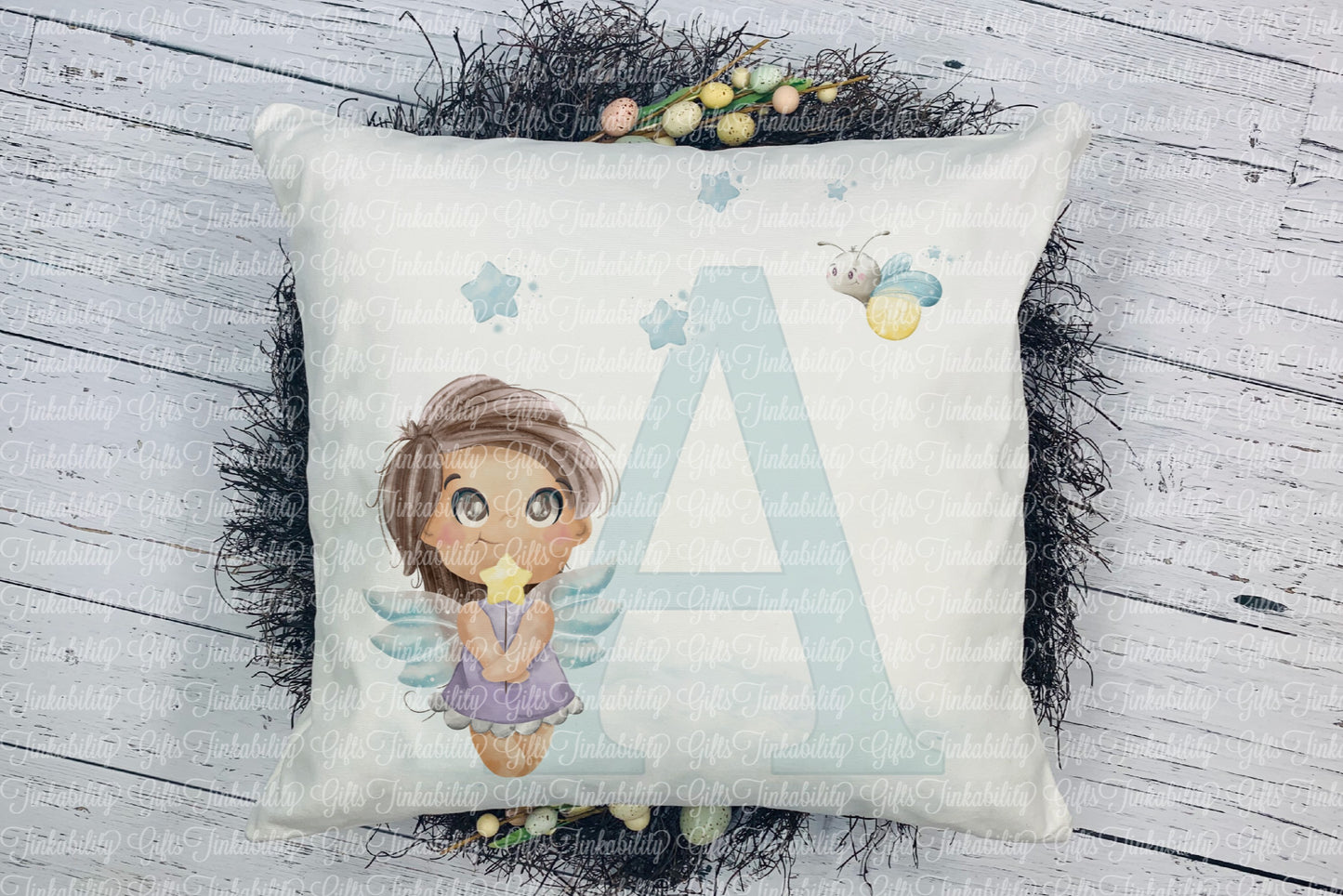 Personalised Blue fairy alphabet cushion A - Z