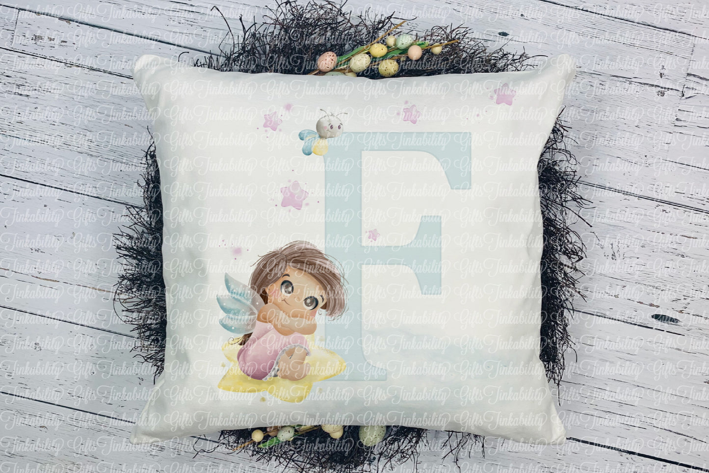 Personalised Blue fairy alphabet cushion A - Z