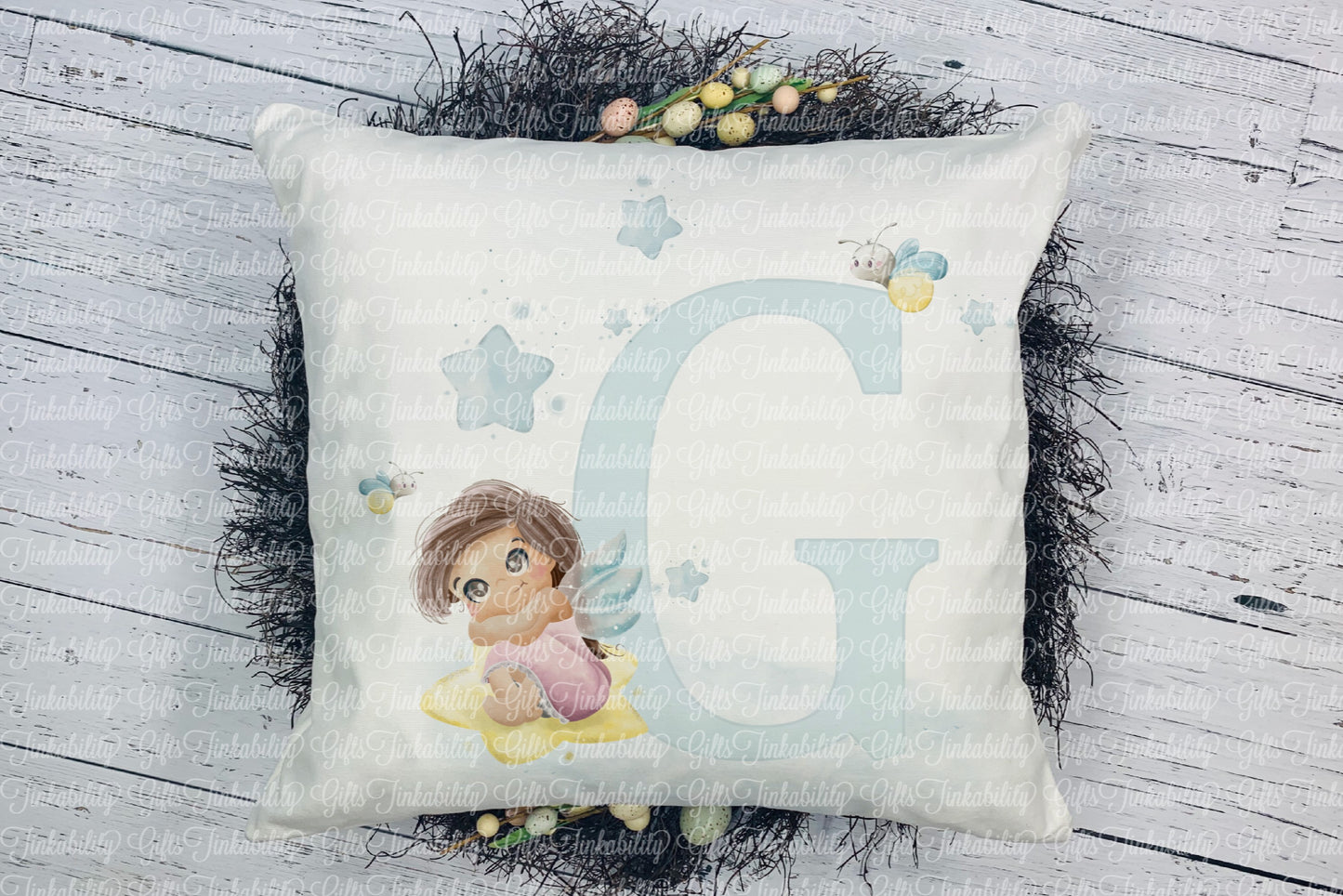 Personalised Blue fairy alphabet cushion A - Z