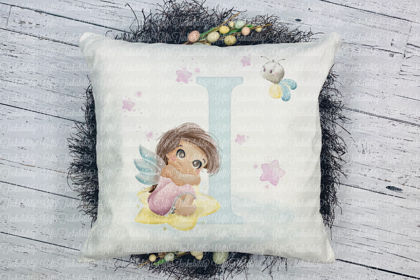 Personalised Blue fairy alphabet cushion A - Z