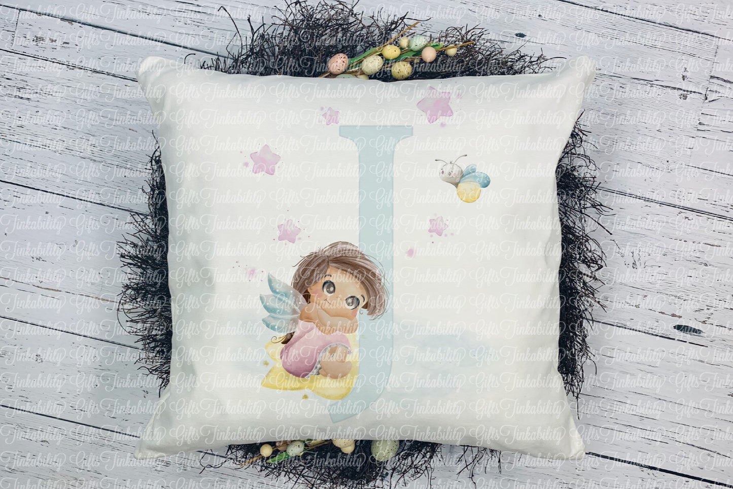 Personalised Blue fairy alphabet cushion A - Z