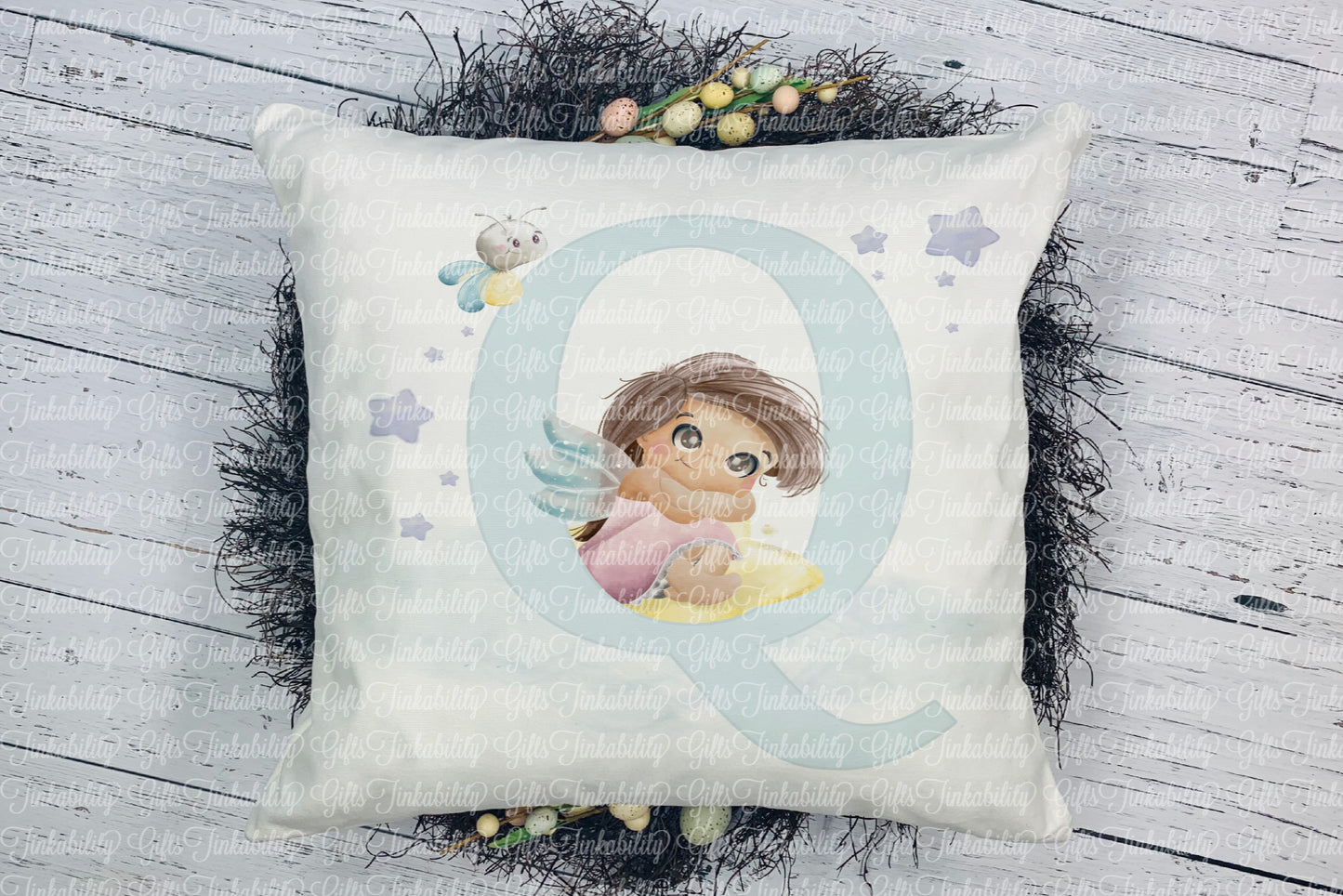 Personalised Blue fairy alphabet cushion A - Z