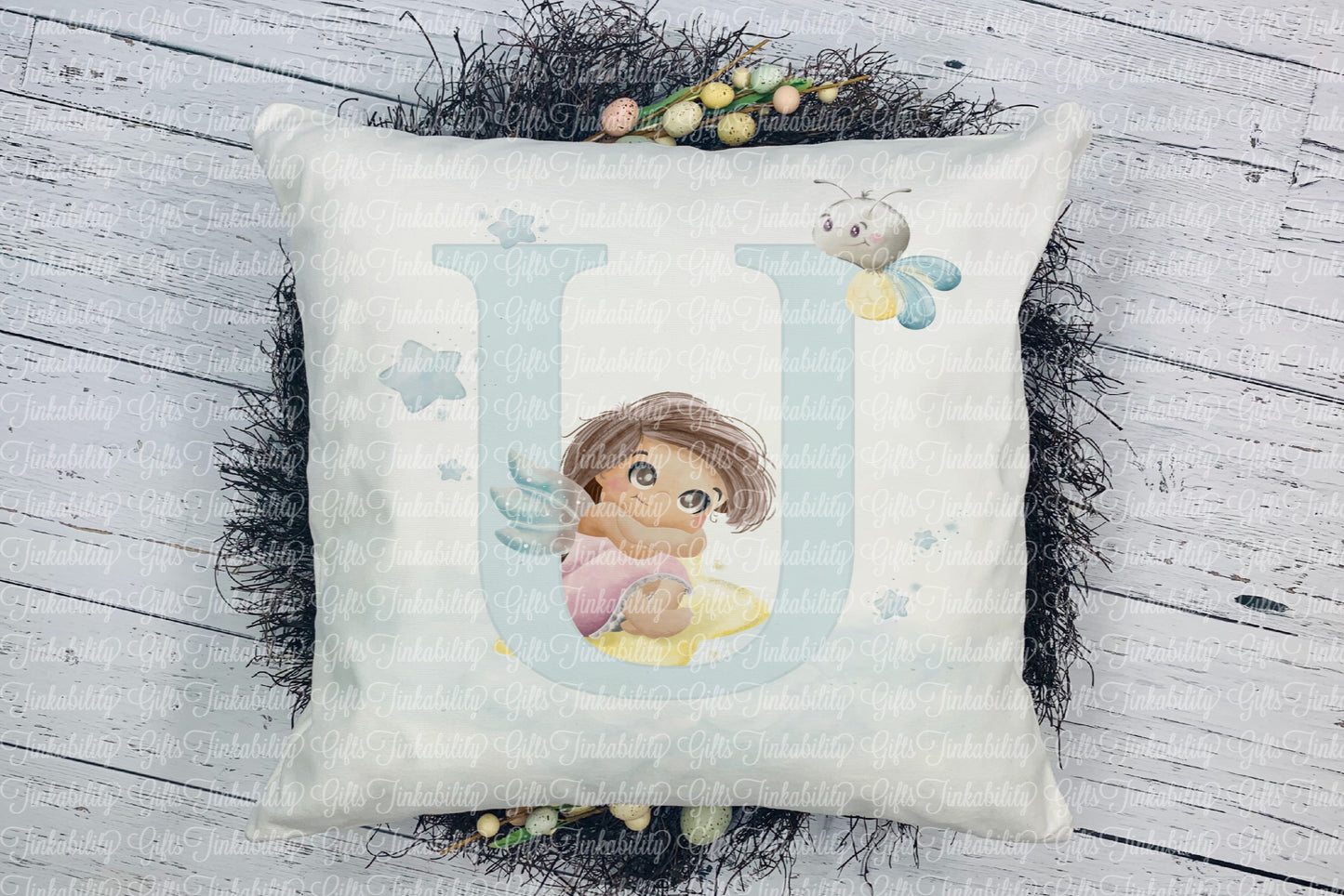 Personalised Blue fairy alphabet cushion A - Z