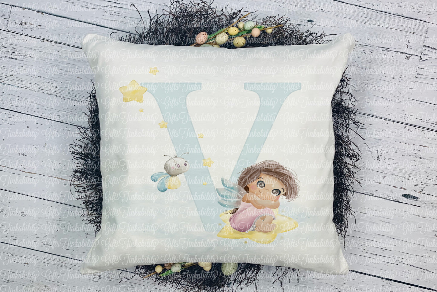 Personalised Blue fairy alphabet cushion A - Z