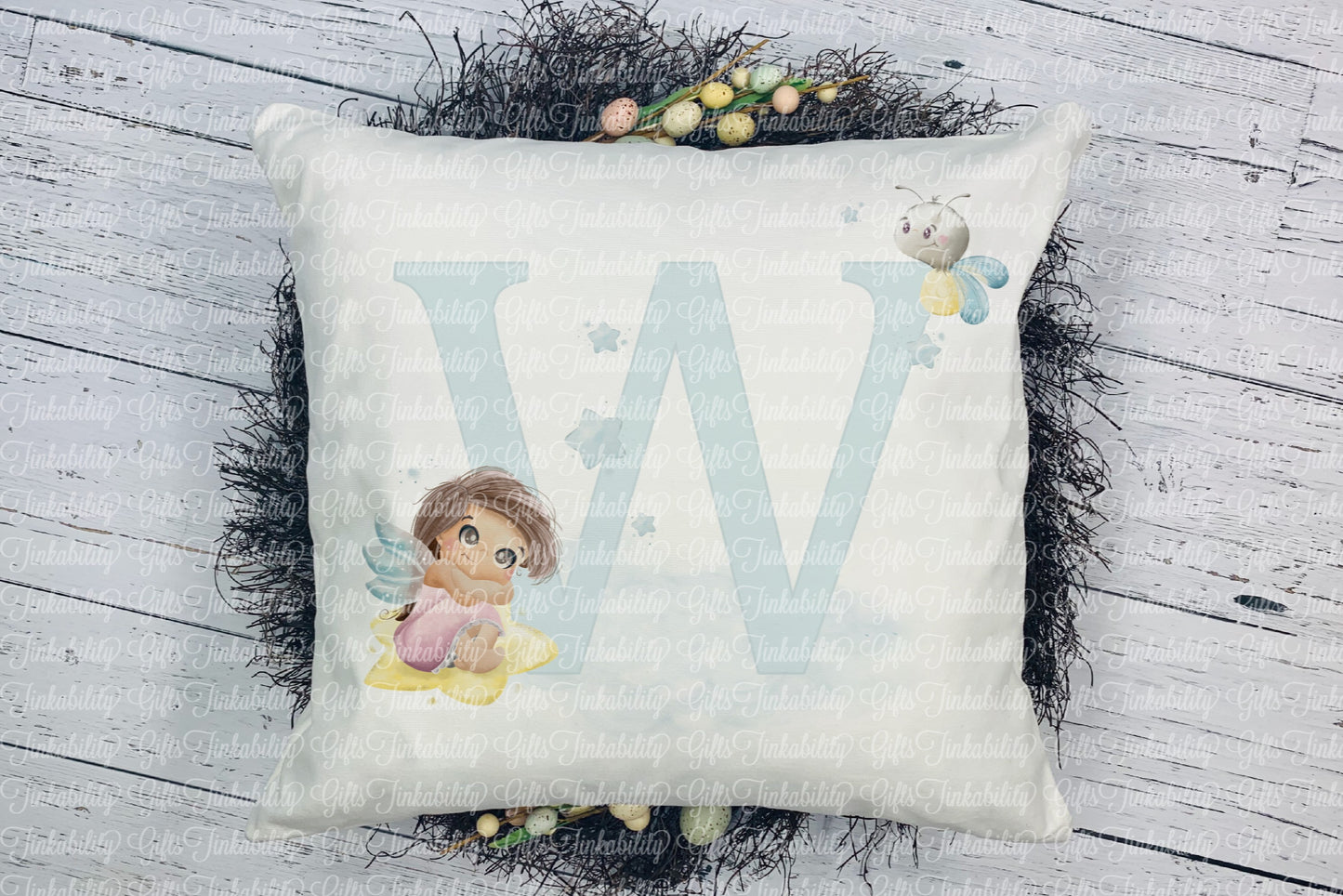 Personalised Blue fairy alphabet cushion A - Z