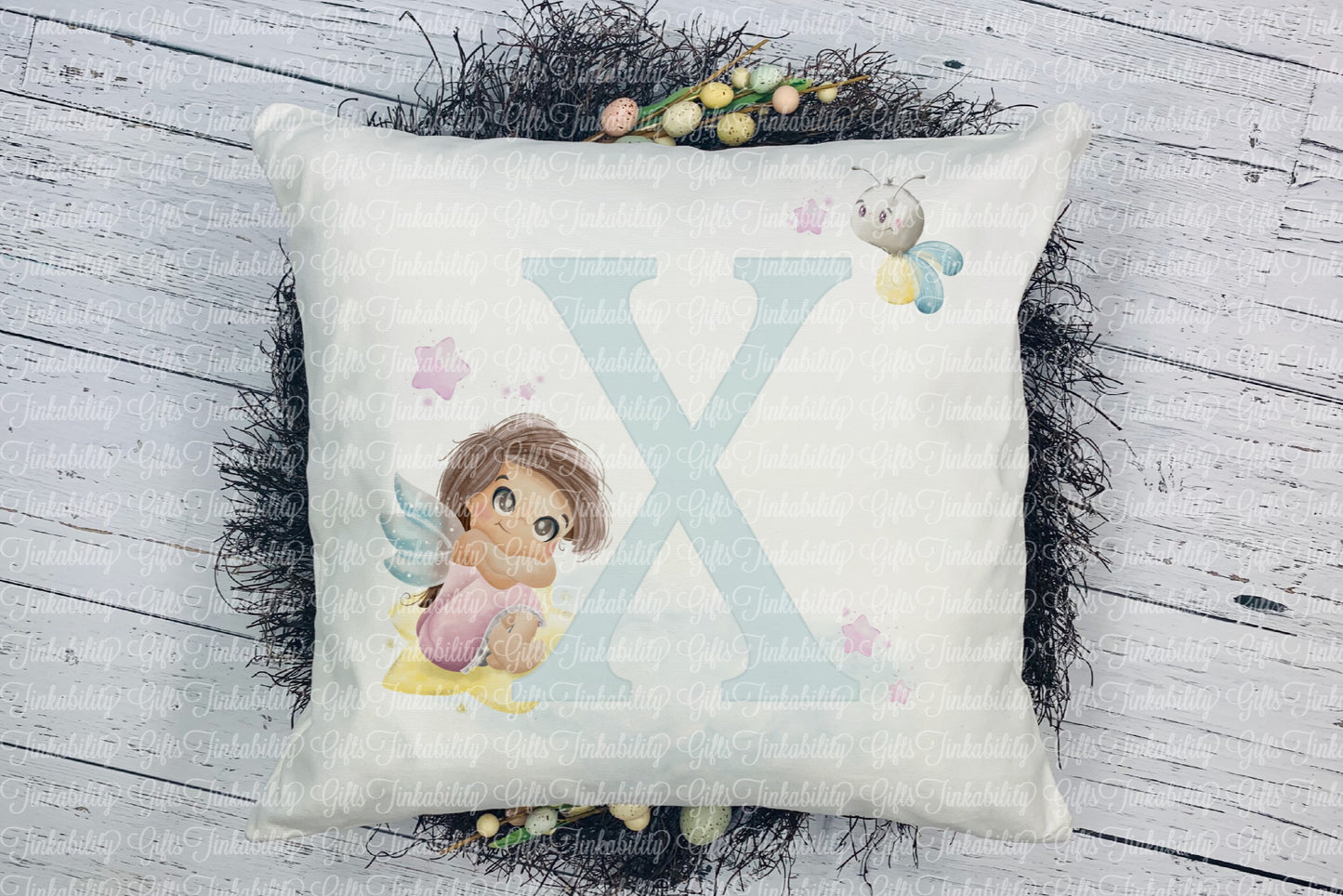 Personalised Blue fairy alphabet cushion A - Z