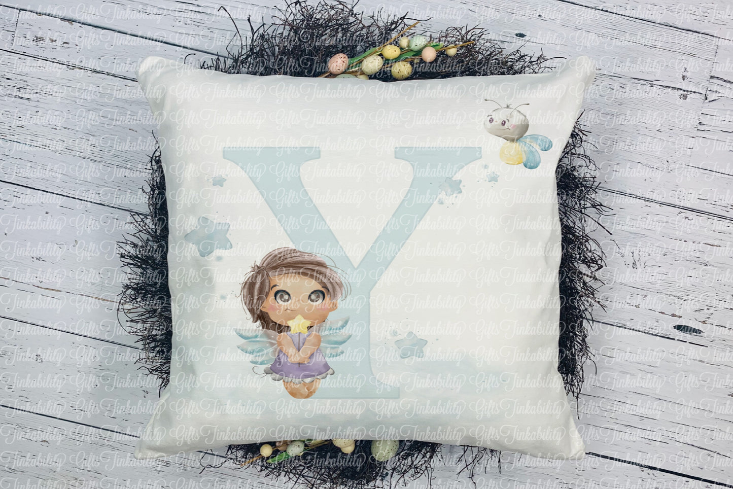 Personalised Blue fairy alphabet cushion A - Z