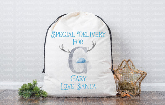 Grey/Blue Reindeer Alphabet Santa Sack