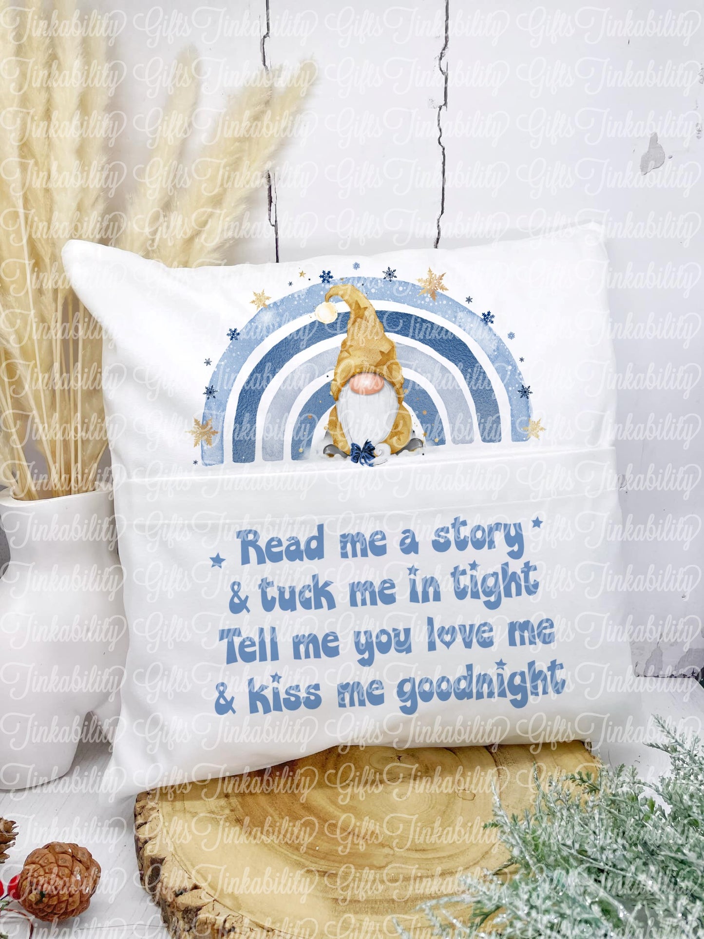 Gold Gonk Blue Rainbow Personalised Book Cushion