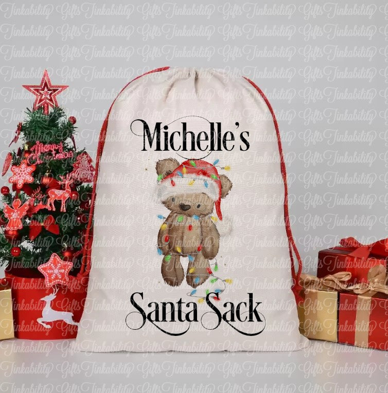 Bear with Christmas Lights Santa Sack