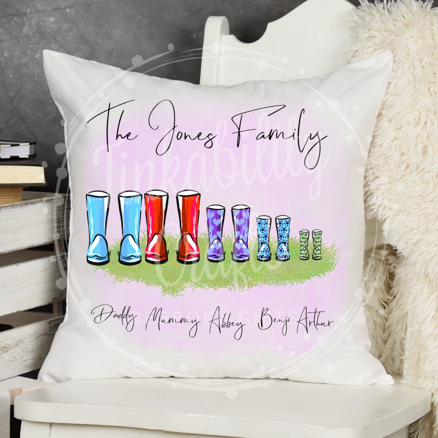 Family Wellies Personalized Cushion