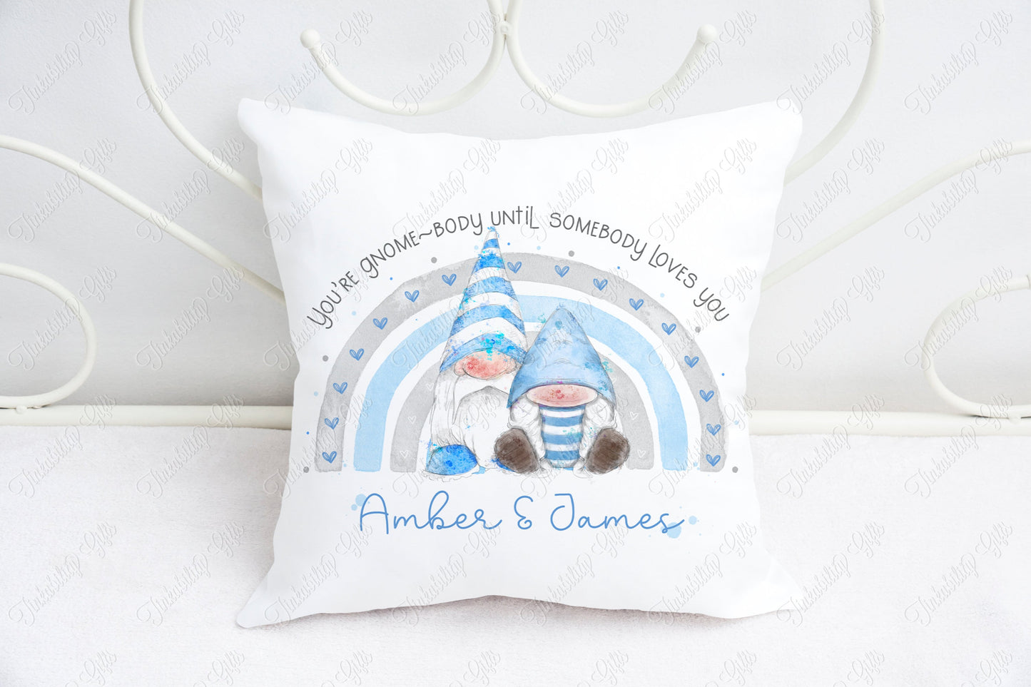 Personalised Valentines Blue Gnomes Rainbow cushion - Personalised Cushion - Gifts for Valentine's - Gifts for Him