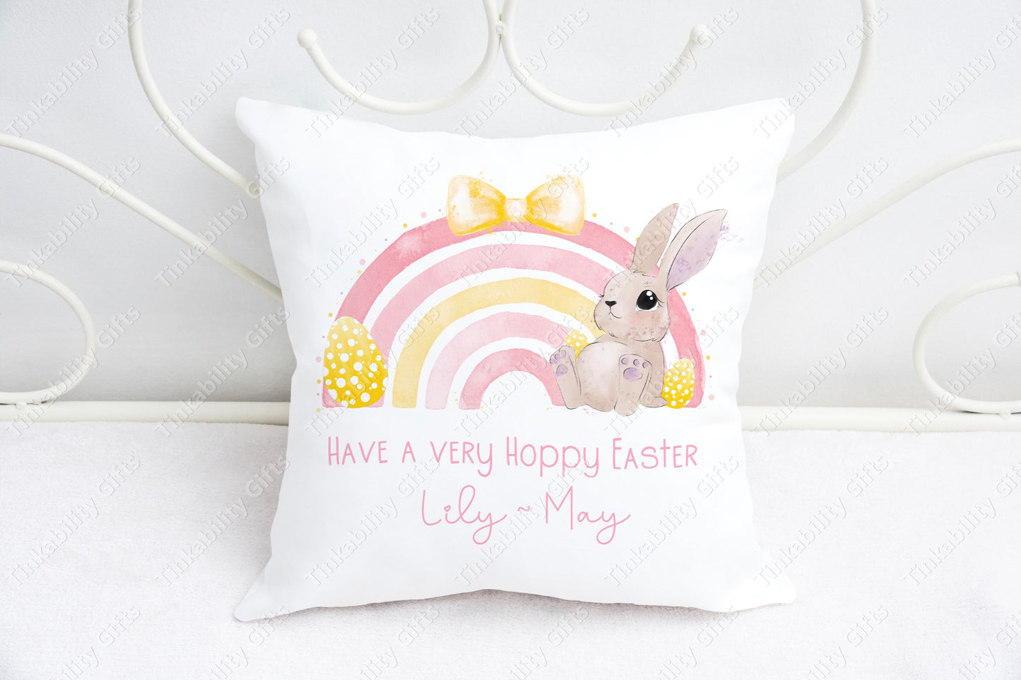 Easter Bunny rainbow personalised plush cushion