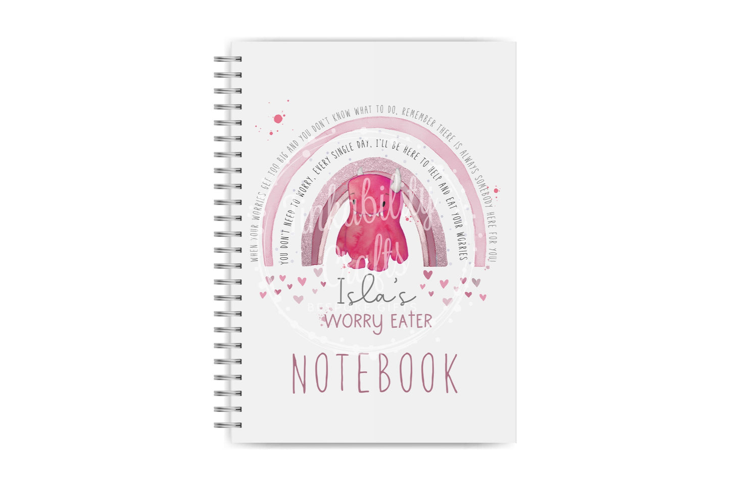 Personalised Pink Worry Eater Notebook - Personalised Notebook - Birthday Gift - Gifts for Kids - Gifts fro Birthdays - Lined Notebook