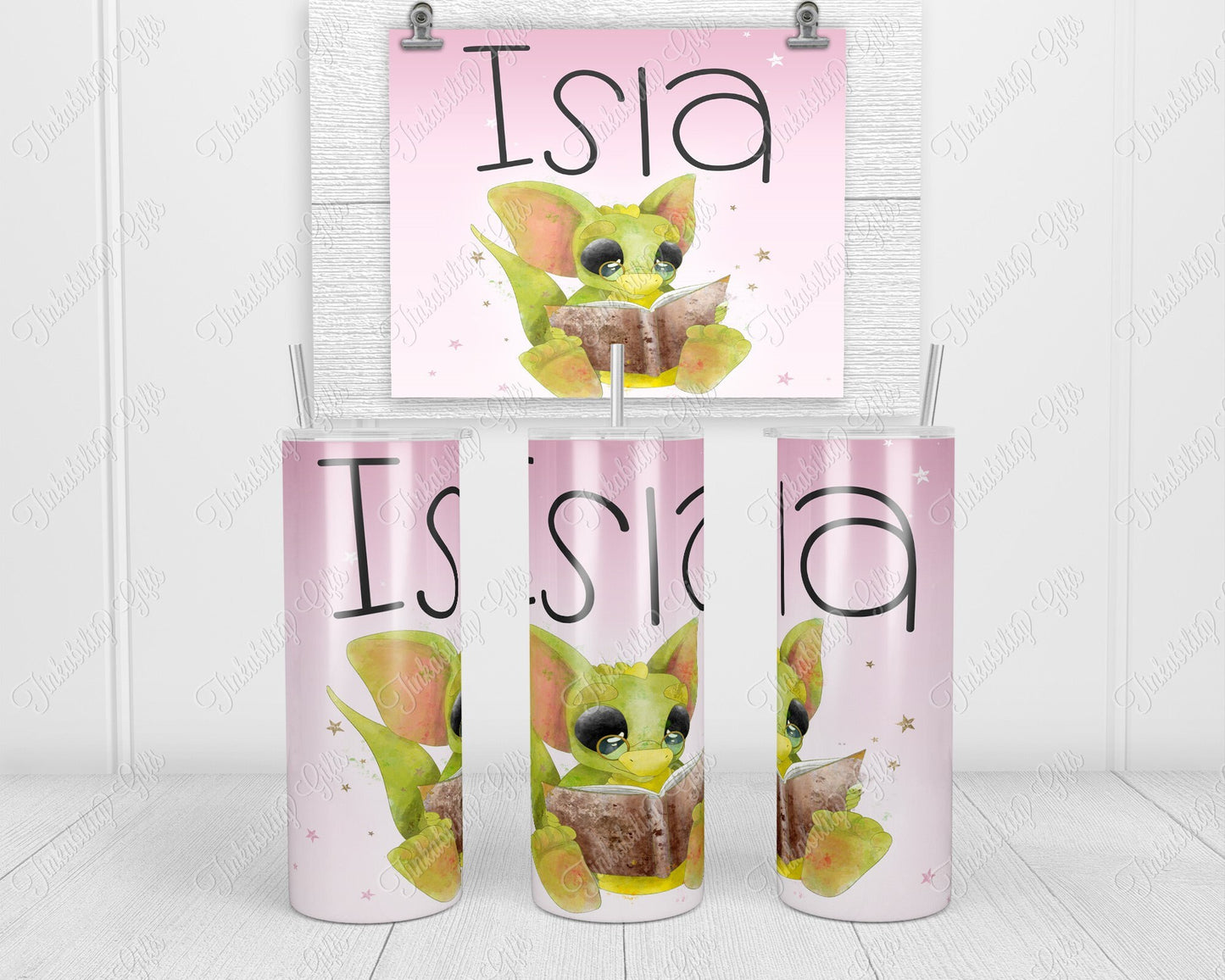 Reading Baby Dragon skinny tumbler - Personalized Tumbler - Gifts for Kids - Gifts for BIrthday's