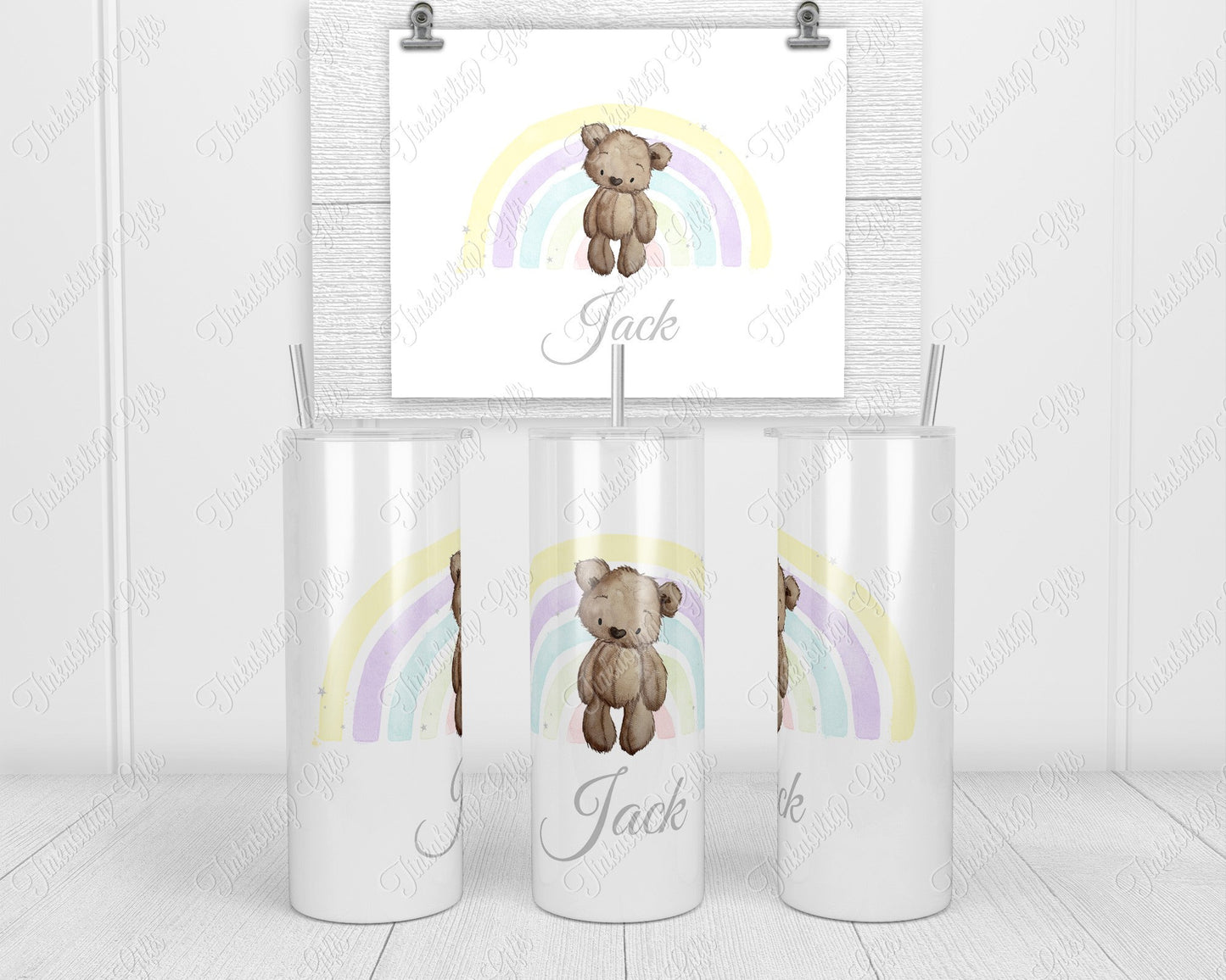 Rainbow bear skinny tumbler - Personalized Tumbler - Birthday Gift - Gifts For Girls - Gifts For Boys