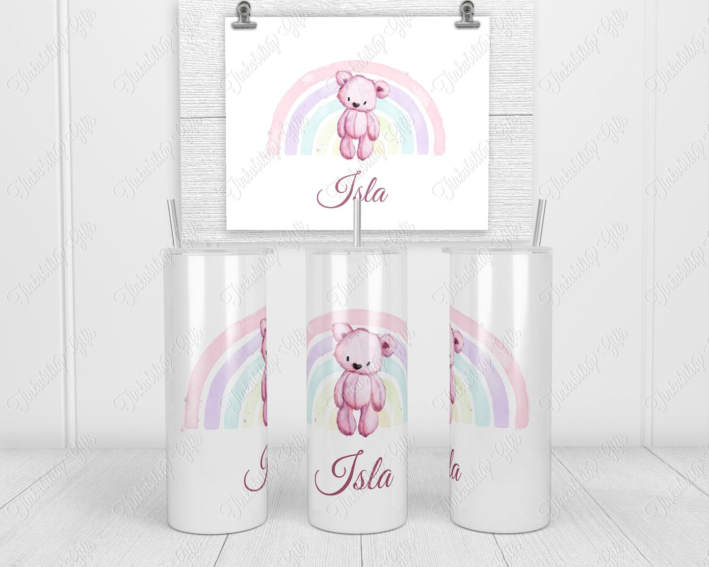 Rainbow bear skinny tumbler - Personalized Tumbler - Birthday Gift - Gifts For Girls - Gifts For Boys