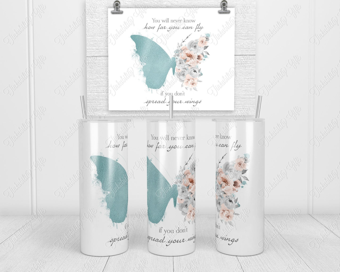 Rose gold/blue butterfly skinny tumbler - Personalised Tumbler - Gifts for Her - Gifts for BIrthday's