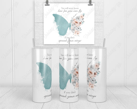 Rose gold/blue butterfly skinny tumbler - Personalized Tumbler - Gifts for Her - Gifts for BIrthday's