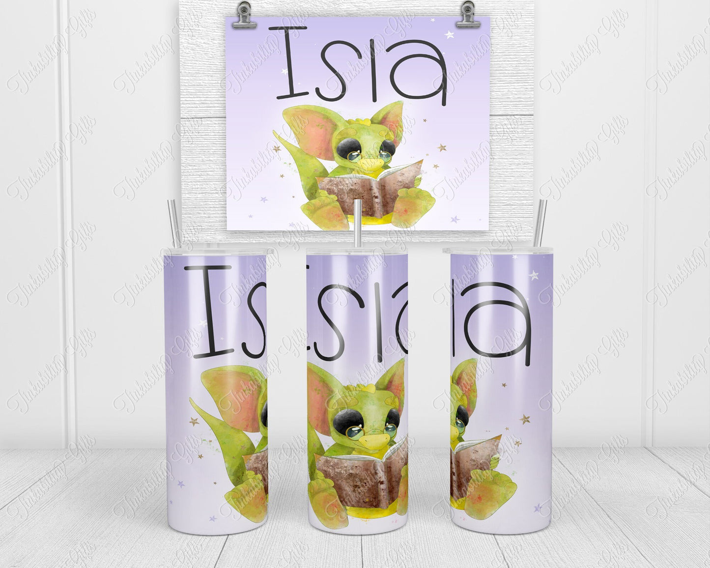 Reading Baby Dragon skinny tumbler - Personalized Tumbler - Gifts for Kids - Gifts for BIrthday's