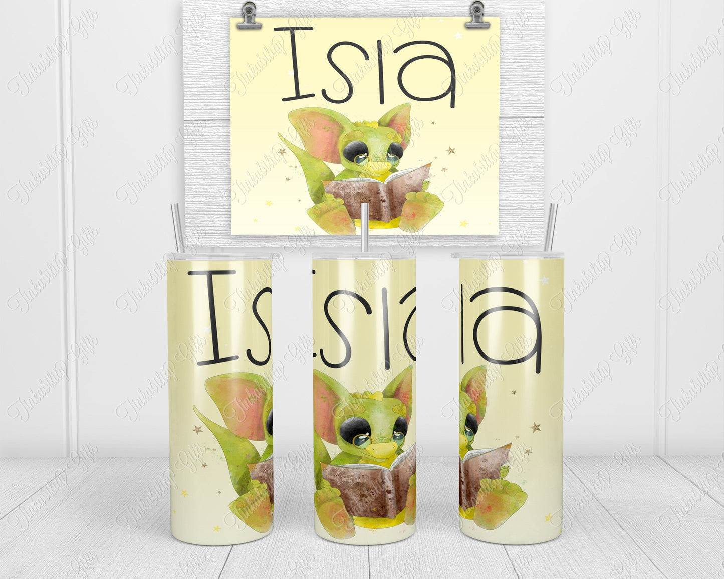 Reading Baby Dragon skinny tumbler - Personalized Tumbler - Gifts for Kids - Gifts for BIrthday's