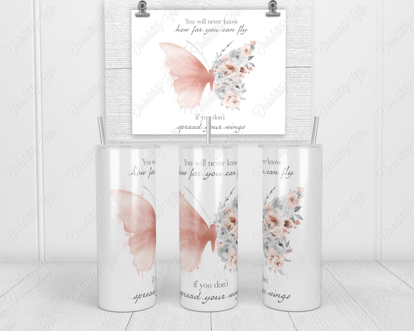 Rose gold butterfly Skinny Tumbler - Personalised Tumbler - Gifts for Her - Gifts for BIrthdays