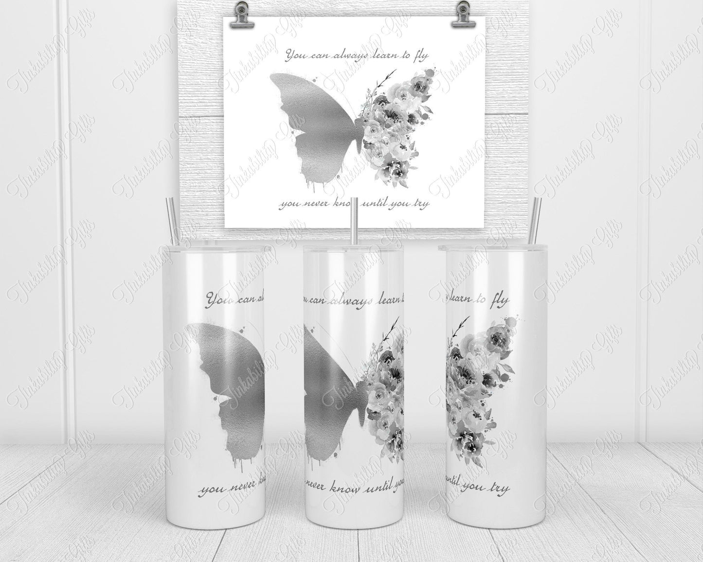 Silver butterfly Skinny Tumbler - Personalized Tumbler - Gifts for Her - Gifts for Birthdays