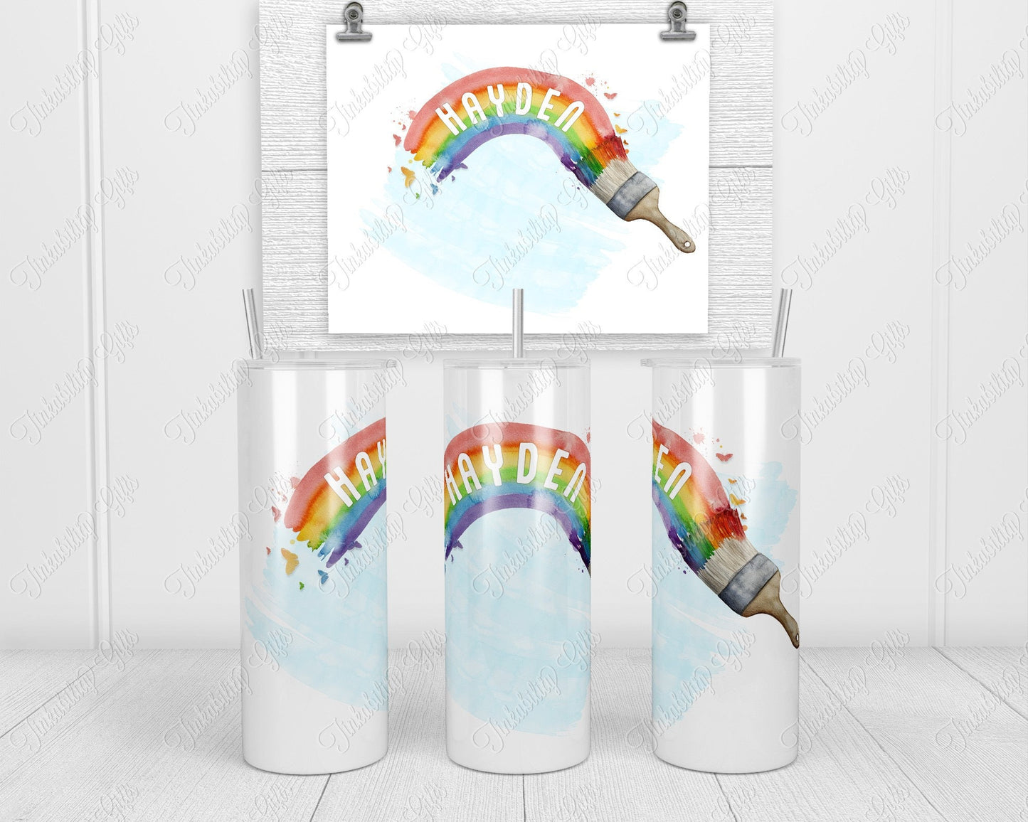 Rainbow and Paintbrush Skinny Tumbler - Personalised Tumbler - Gifts for Her