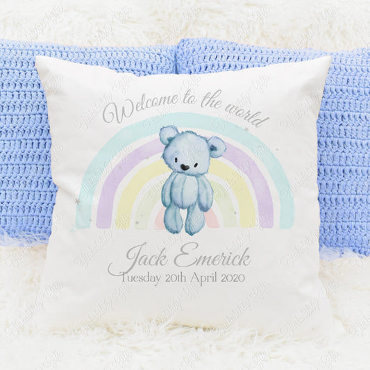 Pastel Blue Bear with Rainbow Cushion