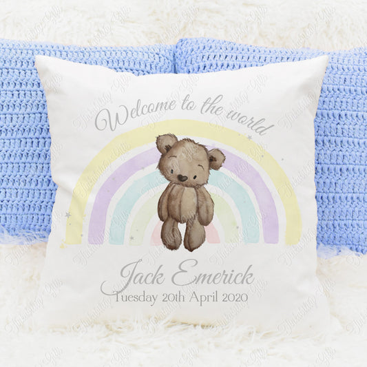 Pastel Brown Bear with Rainbow Cushion