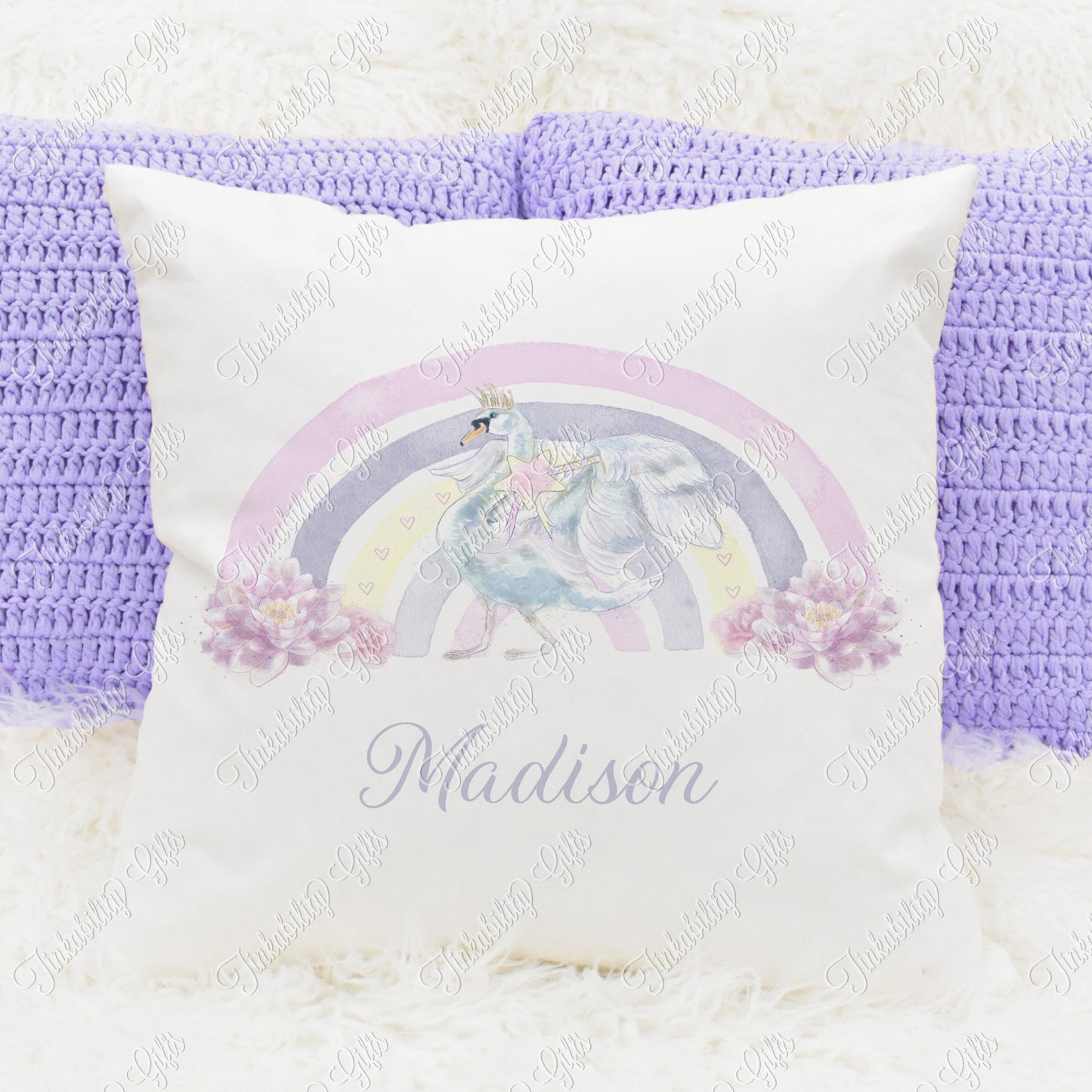 Personalised Pastel Purple Swan Cushion, Personalised Gift, Gifts for Birthdays, Gifts for Kids, Personalised Cushion, Custom Cushion