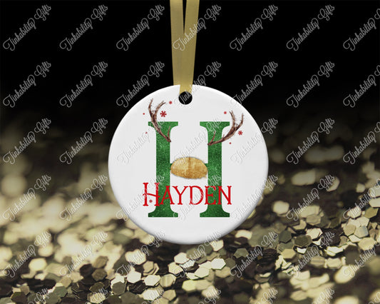 Personalised Green/Gold Antler Alphabet Christmas Tree Ornament-Personalised Bauble-Personalised Gift-Gifts for Christmas-Stocking Fillers