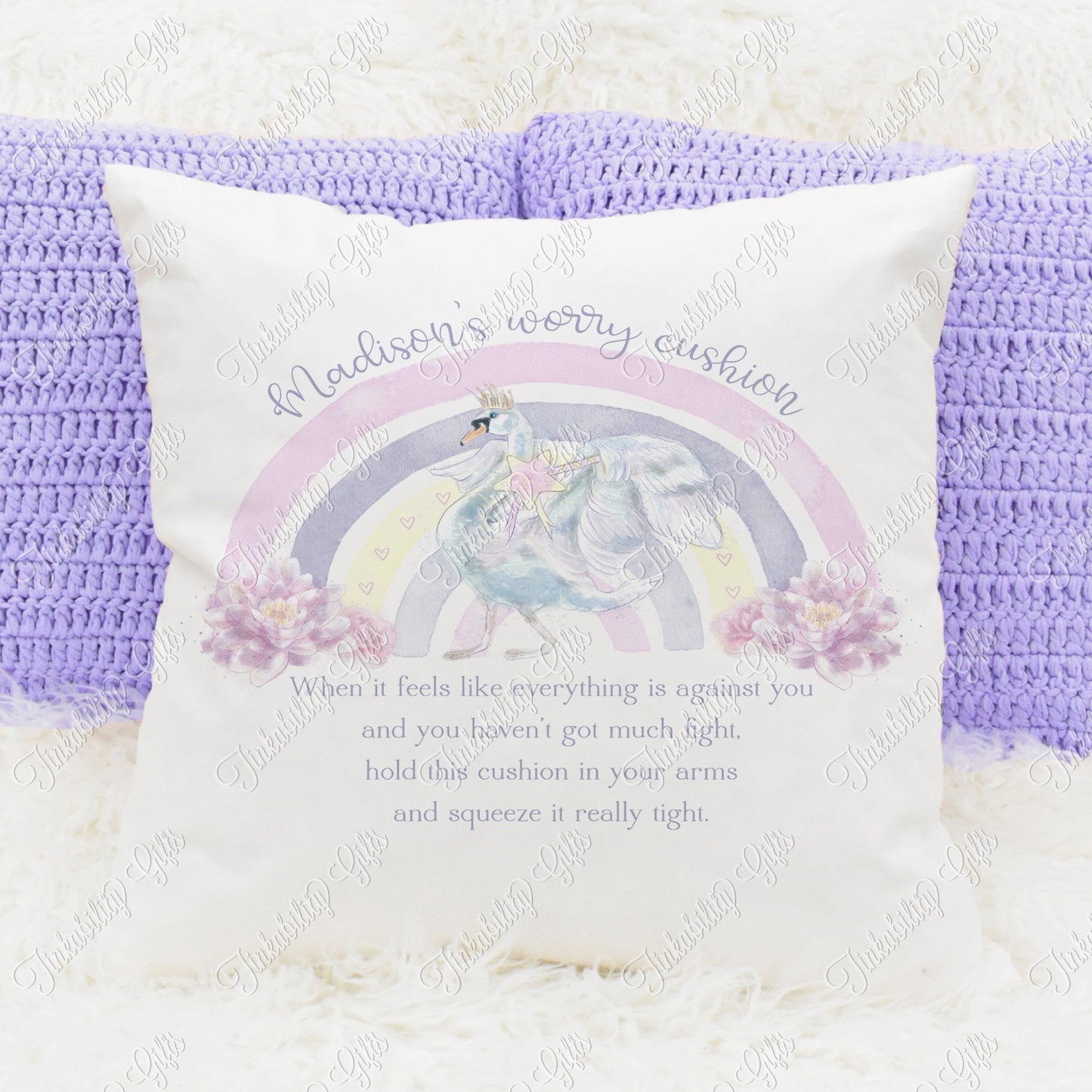 Personalised Swan Worry Cushion, Personalised Gift, Gifts for Birthdays, Gifts for Kids, Personalised Cushion, Custom Cushion