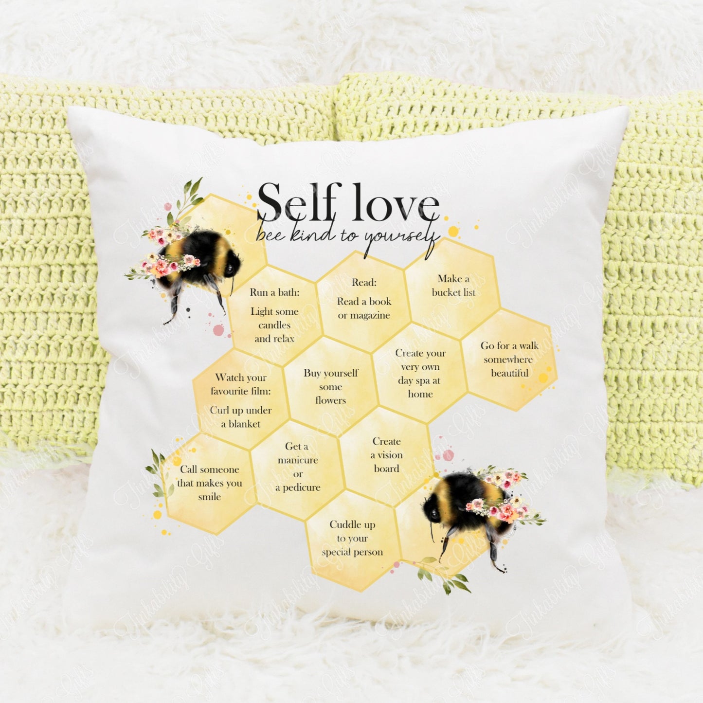 Personalised Self Love Honeycomb Bee Plush Cushion, Personalised Gift, Gifts for Birthdays, Gifts for Kids, Gifts for Mum