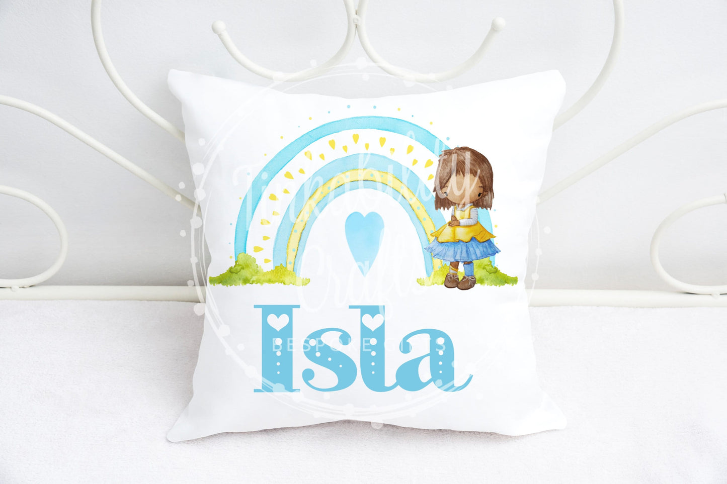 Personalised Blue Rainbow Girl Plush Cushion