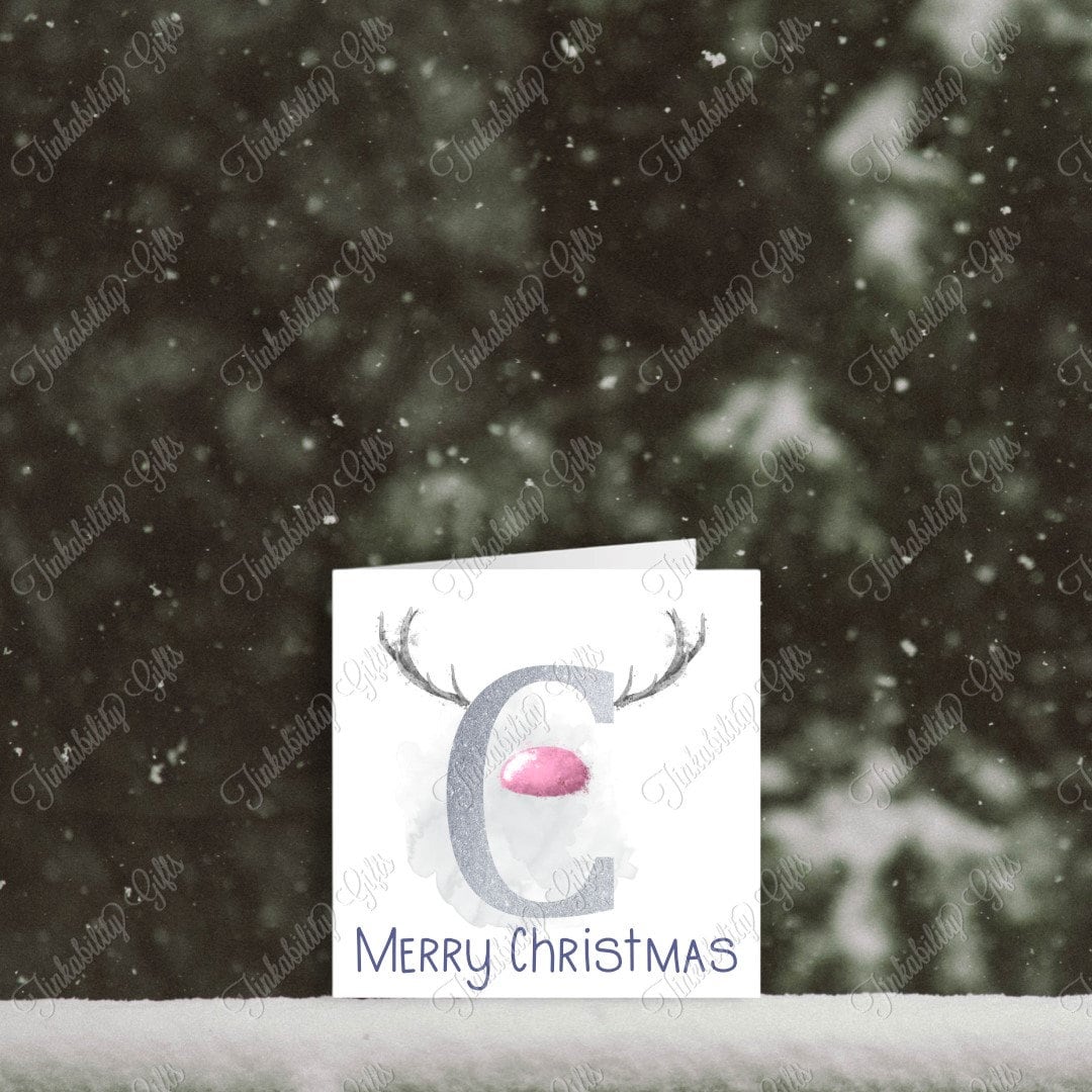 Pink and Silver Antler A- Z Greetings Card, Personalised Card, Christmas Card, Greetings Card