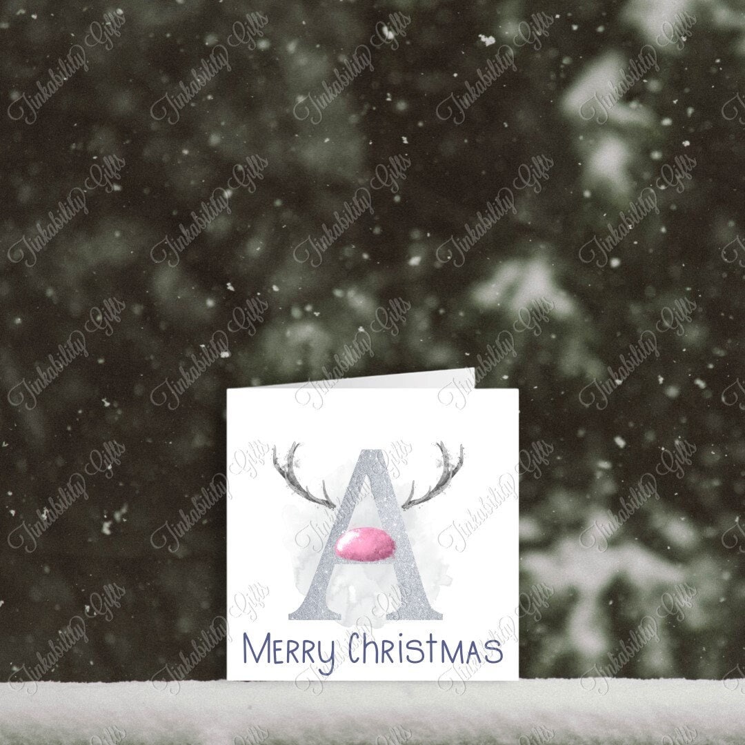 Pink and Silver Antler A- Z Greetings Card, Personalised Card, Christmas Card, Greetings Card