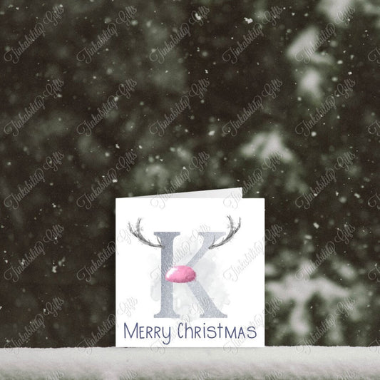 Pink and Silver Antler K - T Greetings Card, Personalised Card, Christmas Card, Greetings Card