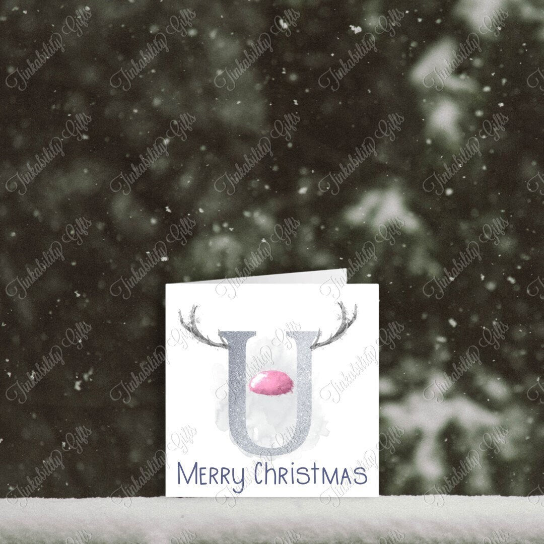 Pink and Silver Antler U - Z Greetings Card, Personalised Card, Christmas Card, Greetings Card