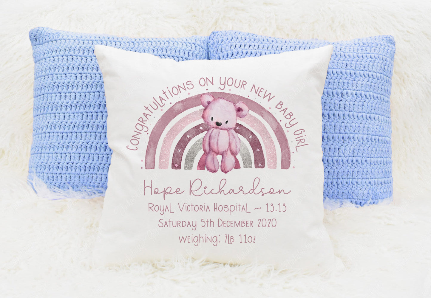 Personalised Pink Bear and Rainbow Plush Cushion, Personalised Gift, Gifts for Birthdays, Gifts for Kids, Gifts for New Baby