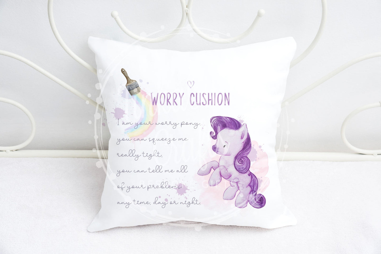 Personalised Purple Pony Worry Plush Cushion, Personalised Gift, Gifts for Birthdays, Gifts for Kids, Gifts for Mental Health