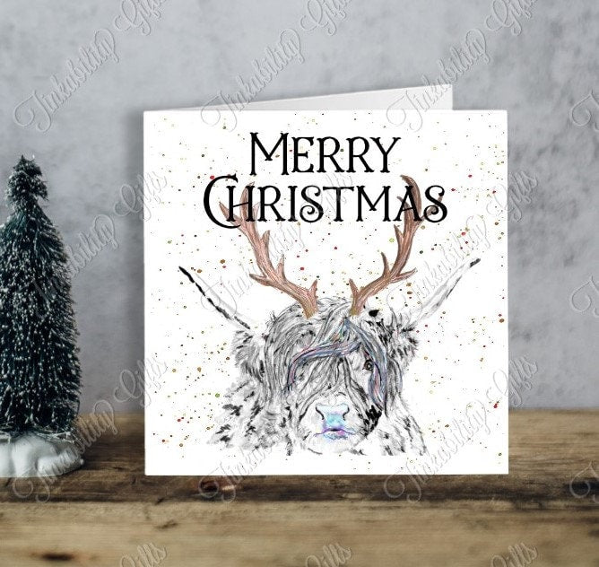 Highland Cow with Antlers Paint Splatter Card