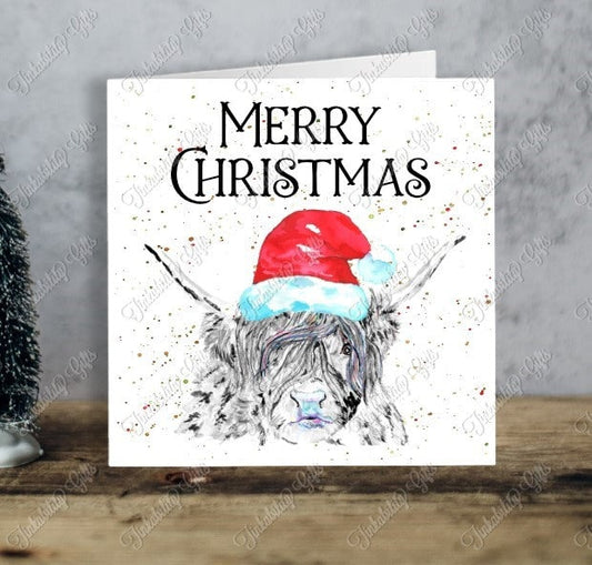 Highland Cow with Santa Hat Paint Splatter Card