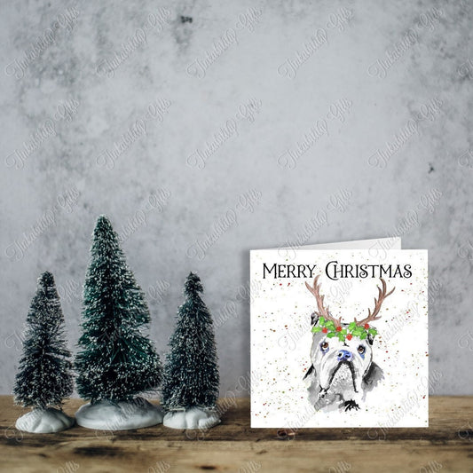 Personalised Bull Dog with Antlers Christmas Card, Birthday Card, Greetings Card, Christmas Card