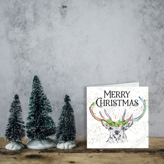 Stag with Holly Paint Splatter Card, Personalised Card, Christmas Card, Greetings Card