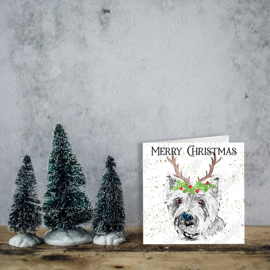 Westie with Antlers Paint Splatter Card, Personalised Card, Christmas Card, Greetings Card