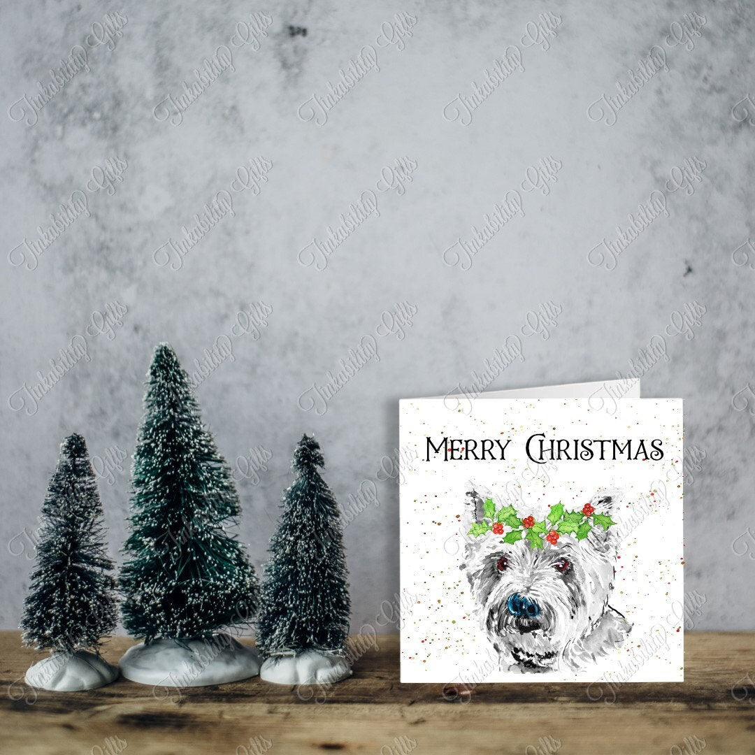 Westie with Holly Paint Splatter Card, Personalised Card, Christmas Card, Greetings Card