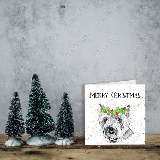 Westie with Holly Paint Splatter Card, Personalised Card, Christmas Card, Greetings Card