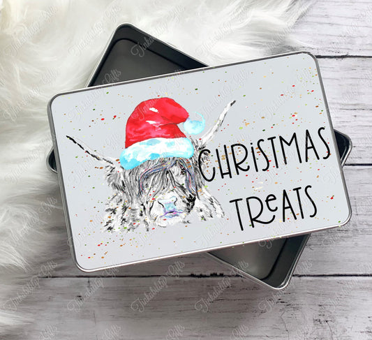 Personalised Tin / Treat Tin / Storage Tin / Dog Treat Tin / Christmas Treat Tin / Christmas Eve Box / Highland Cow