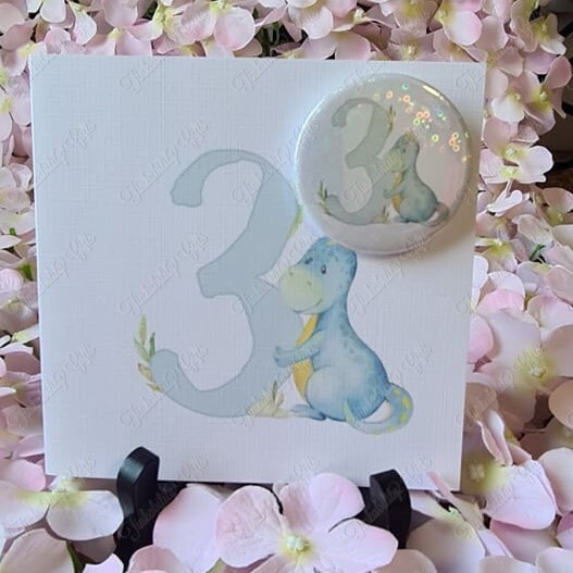 Personalised Dinosaur Number Greetings Card and Badge, Birthday Card, Card and Badge, Greetings Card, Birthday Card and Badge